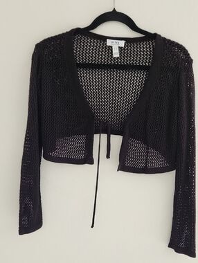 privy Black Cropped Open-Knit Tie-Front Cardigan